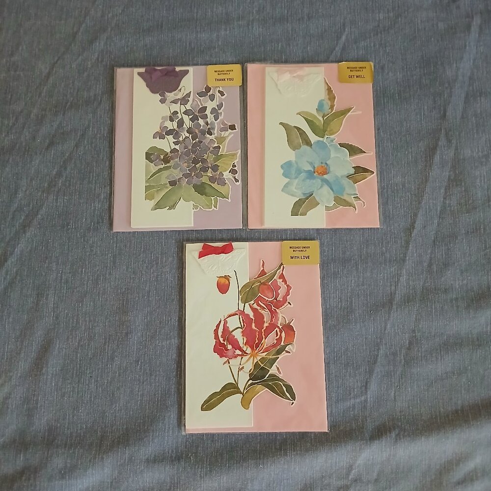 Second Nature Floral Greeting Cards:Message under butterfly Thank You, Love Well